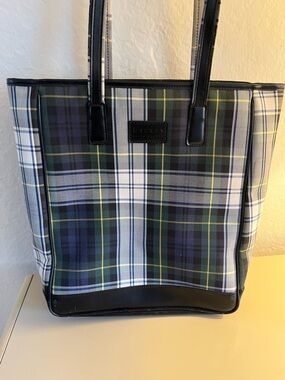 Lauren Ralph Lauren Navy, Green & Yellow Plaid Tote with Black Trim
